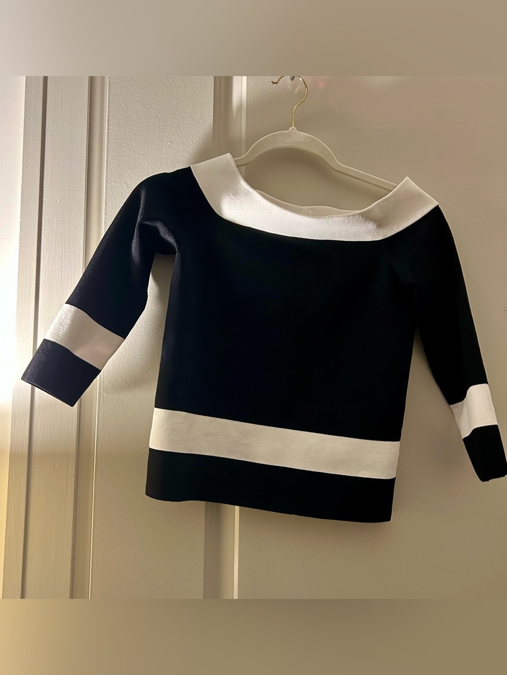 Jonathan Simkhai Black and White Off‑the‑Shoulder Contrast Sweater
